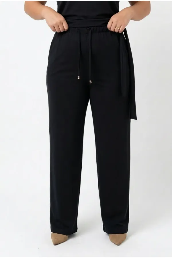 Women's Black Plus Size Modal Fabric Top and Bottom Set with Gold Buckle Detail HZL26S-ZSS111291 Women's Black Plus Size Modal Fabric Top and Bottom Set with Gold Buckle Detail HZL26S-ZSS111291