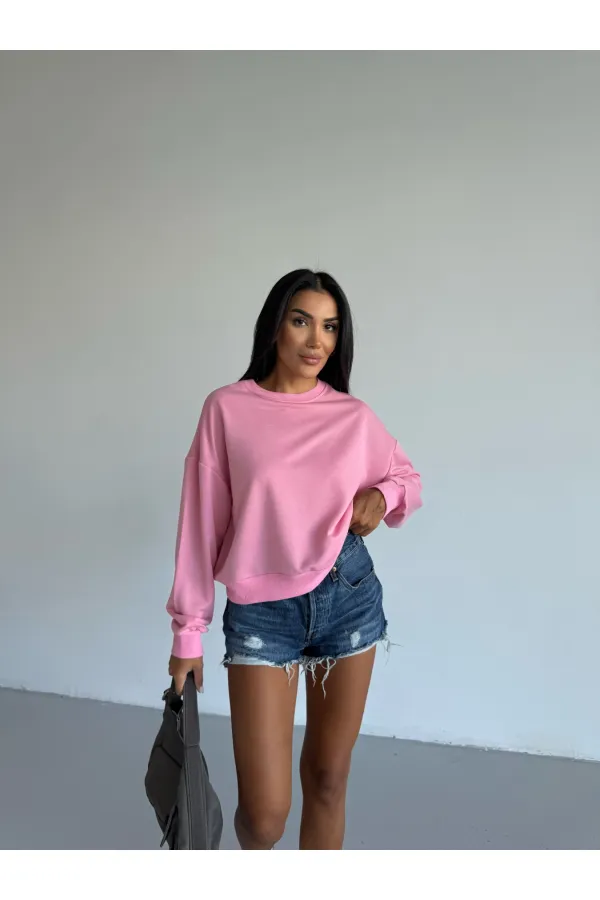 Women's Pink Crew Neck 2 Yarn Sweatshirt HZL25W-FRY123391