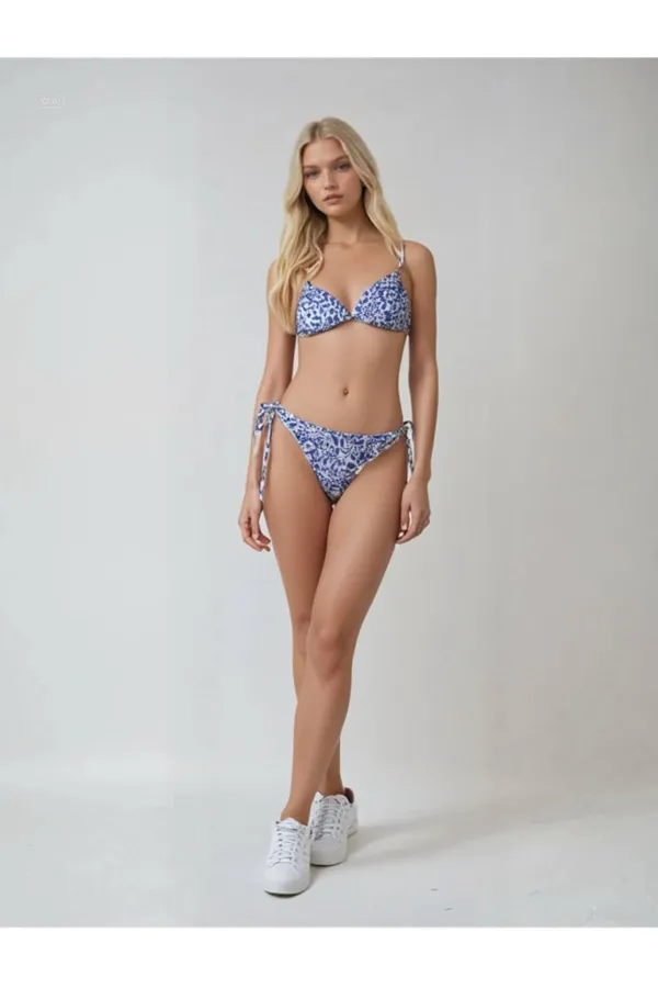 Women's Tile Pattern Blue White Patterned Neckline Triangle Bikini Set HZL25S-LC5005
