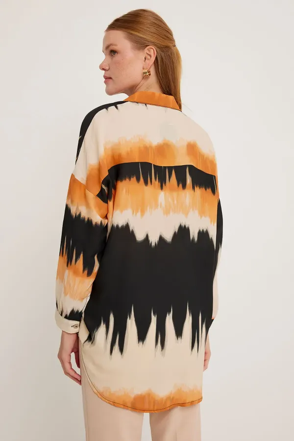Women's Orange and Black Patterned Oversize Shirt 5923