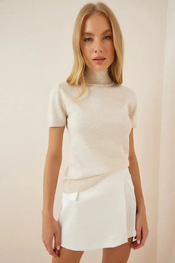 Pull col roulé à manches courtes crème pour femme HZL23W-BD1101051