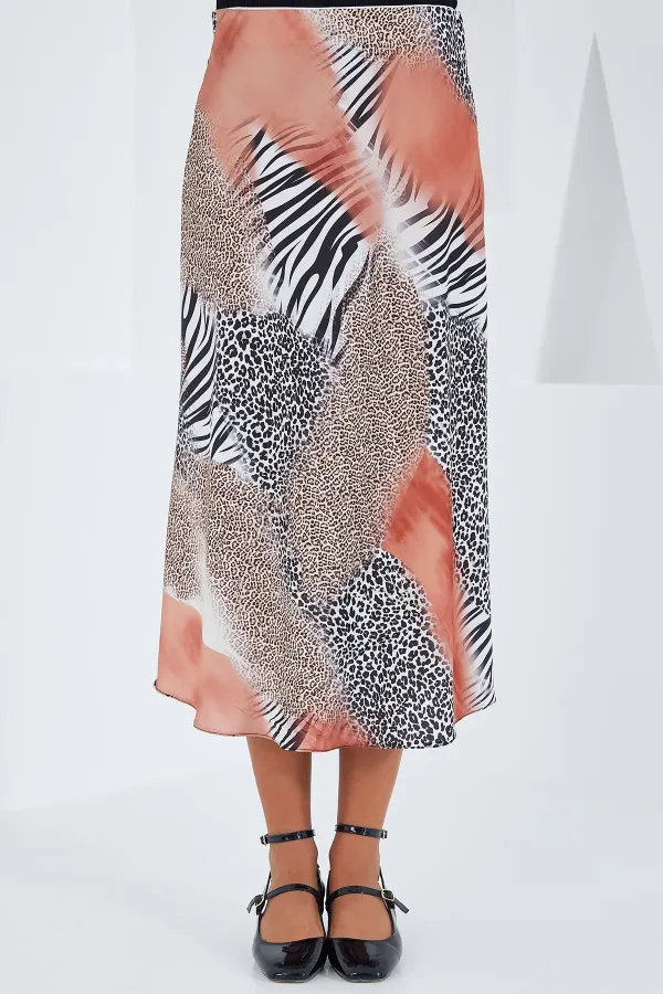 Jupe en satin noir à motifs saumon pour femme 15806