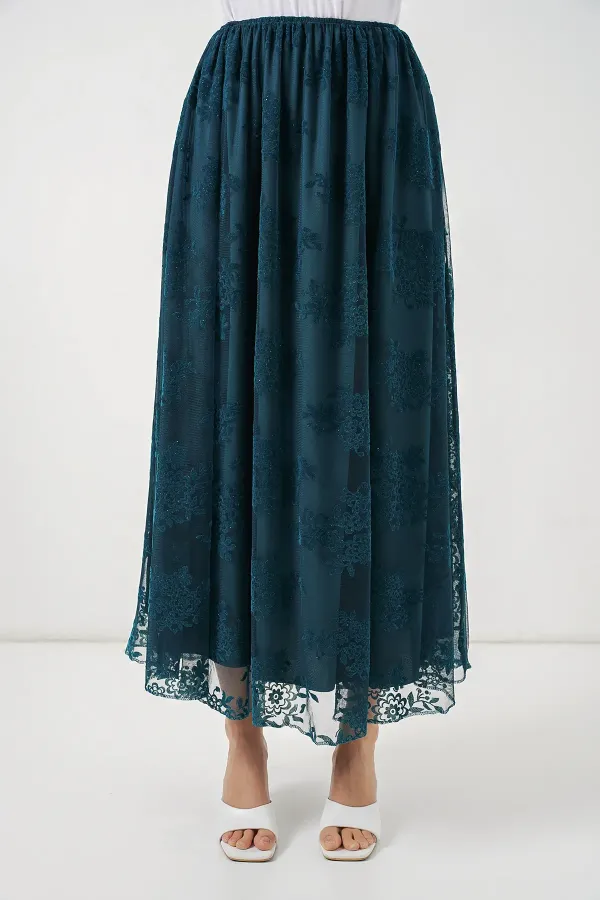 Jupe longue en tulle imprimé floqué pour femme 8070 - Pétrole