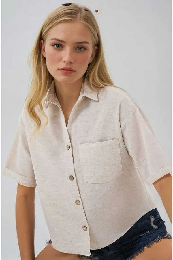 Kadın Krem Keten Görünümlü Crop Gömlek HZL25S-BD1203391