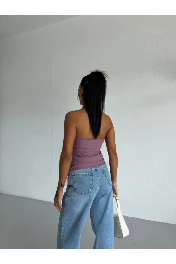 Kadın Lila Ottoman Kumaş Halter Yaka Toka Detay Bluz HZL26W-FRY123321