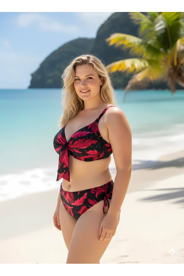 Women's Black and Burgundy Stone Embellished Plus Size Bikini Set HZL25S-LC3337