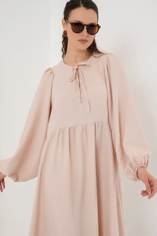 Robe longue hijab à manches ballon pour femme 2464 - Beige