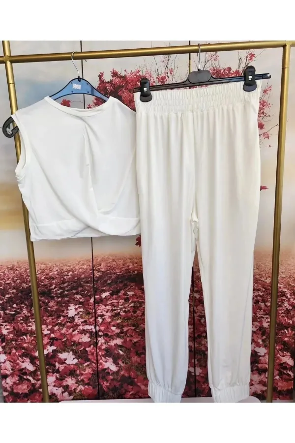 Kadın Beyaz Önü Düğümlü Alt-Üst İkili Şalvar Takım HZL23S-SND120141