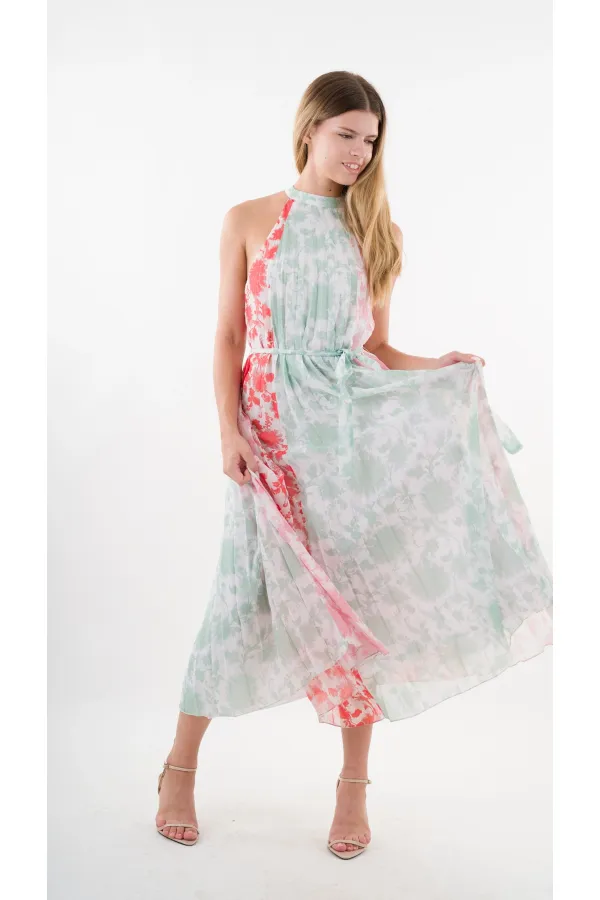 Kadın Kırmızı Yeşil Bloklu Yaprak Desenli Halter Yaka Kuşaklı Astarlı Uzun Elbise HZL24S-YY233