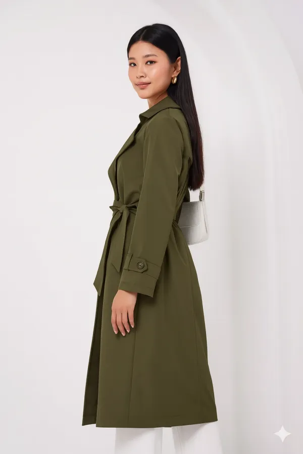 Women's Khaki Double-Breasted Belted Lined Trench Coat HZL25W-BD159181