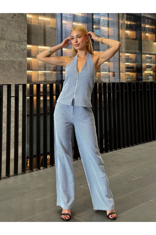 Kadın İndigo Çizgili Önü Fermuarlı Bluz Pantolon İkili Takım HZL25S-ZK13691