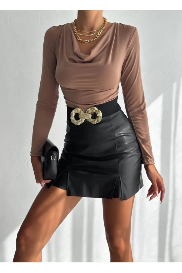 Kadın Bej Degaje Yaka Yandan Büzgülü Uzun Kol Sandy Bluz HZL24W-FRY122481