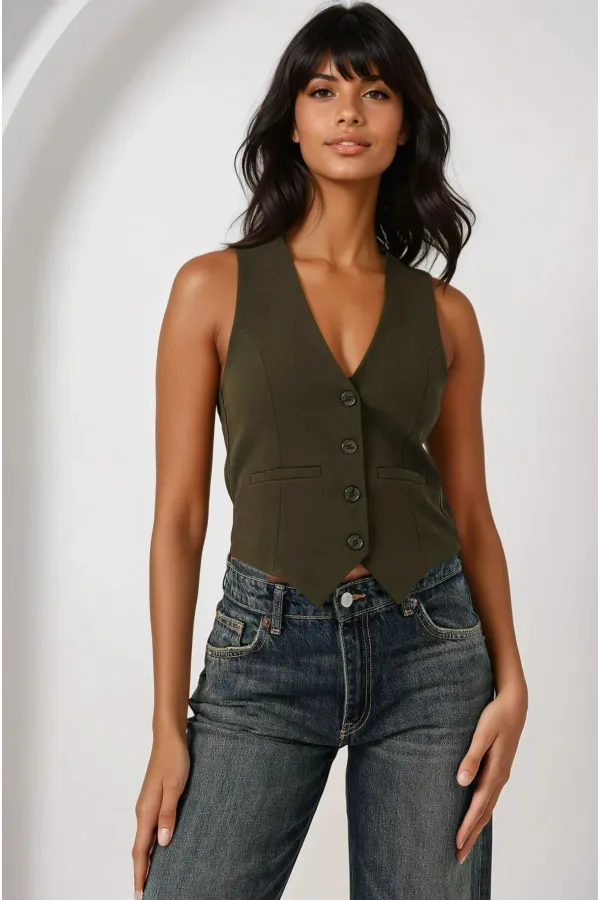 Kadın Haki Düğmeli Astarlı Yelek HZL25S-BD167961