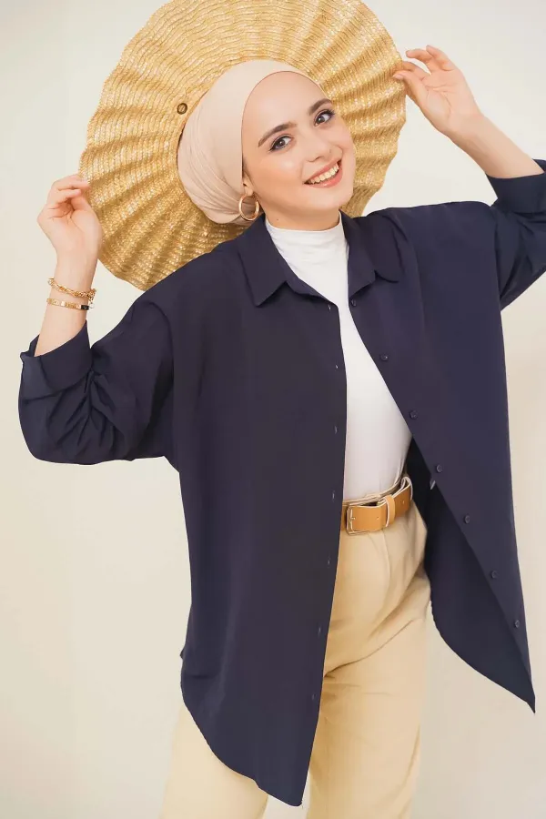 103901 Oversize Basic Hijab Shirt - Navy Blue