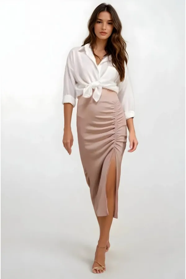 Kadın Bej Beli Lastikli Yırtmaçlı Uzun Etek HZL22S-BD118801