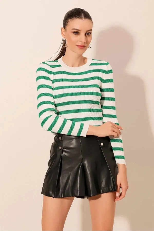 Kadın Yeşil Çizgili Bisiklet Yaka Triko Kazak HZL24W-BD1101331