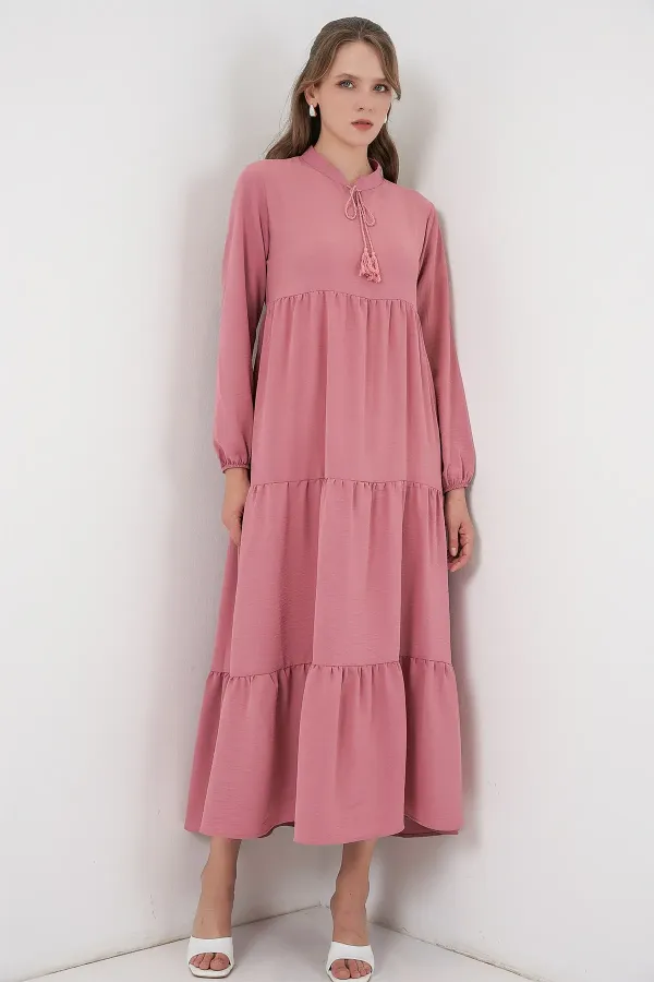 T1627 Yaka Bağcıklı Elbise - Gül Kurusu