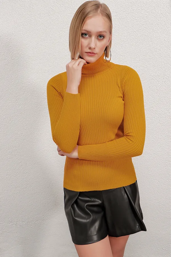 Pull col roulé côtelé moutarde pour femme HZL22W-BD1445001