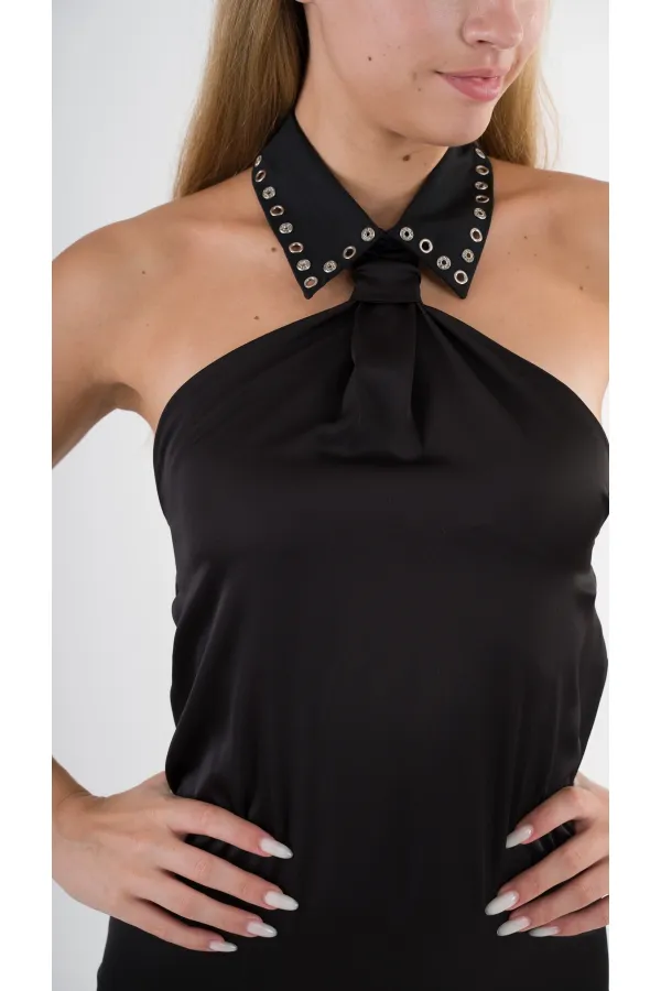 Kadın Siyah Halter Yaka Saten Kumaş Sırt Dekolteli Mini Elbise HZL24S-YY262