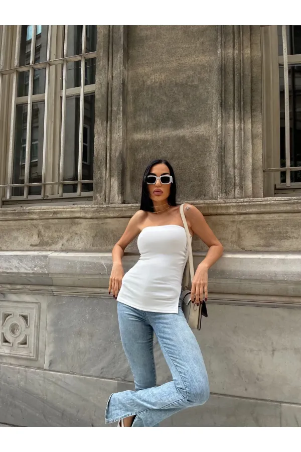 Kadın Beyaz Yanı Büzgülü Çift Yırtmaçlı Straplez Bluz HZL24S-ZK13091