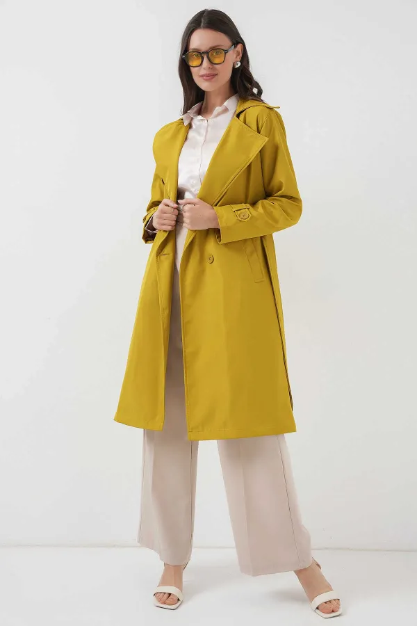 Trench-coat doublé à double boutonnage et ceinture pour femme, couleur moutarde, HZL25W-BD159181