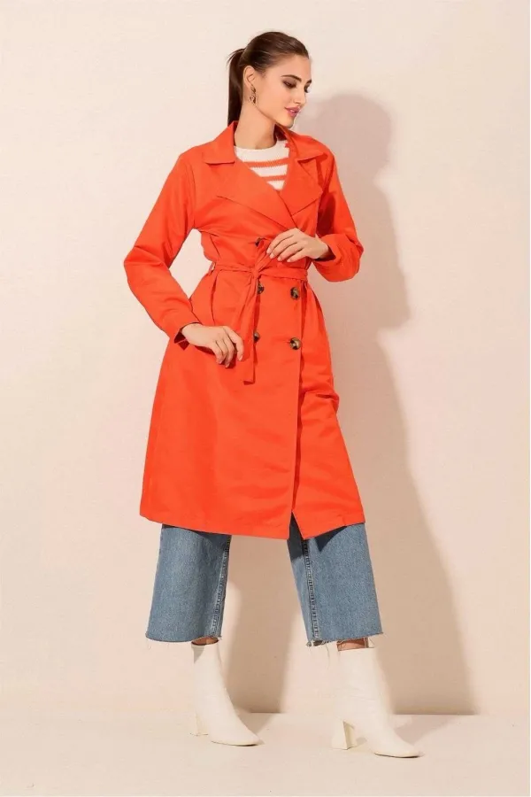 Women's Orange Double-Breasted Belted Unlined Seasonal Comfortable Trench Coat Hzl22s-bd158531