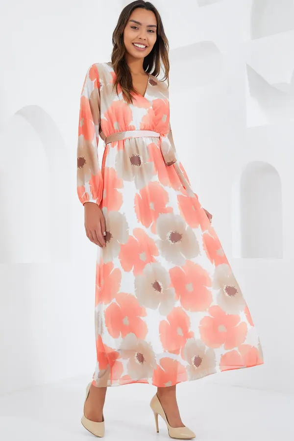 Robe en mousseline de soie orange et beige à fleurs pour femme 2134