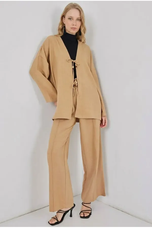 Kadın Bej Keten Bağlama Detaylı Kimono Pantolon İkili Takım HZL26S-BD167271