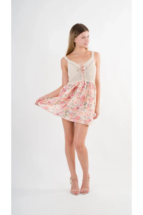 Robe courte ceinturée à col en V et motifs multicolores en satin pour femme HZL24S-YY250