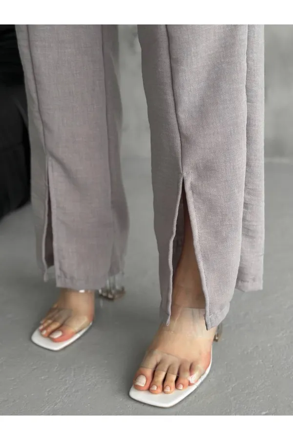 Kadın Gri Lastikli Bel Yırtmaç Detaylı Cepsiz İthal Keten Astarsız Pantolon HZL24S-FRY121941