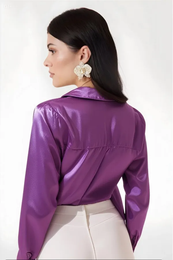 Kadın Lila Hafif Dökümlü Saten Yüzeyli Gömlek Hzl22w-bd139641