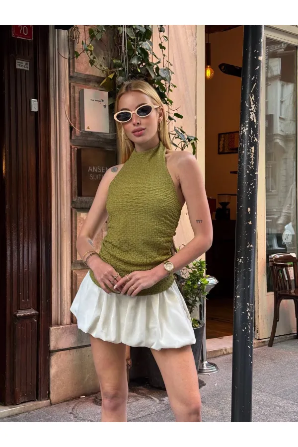 Kadın Fıstık Yeşil Boyundan Bağlamalı Gofre Kumaş Bluz HZL25S-ZK13631