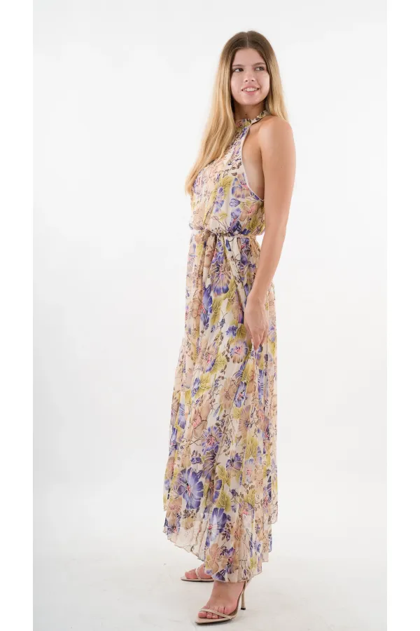 Kadın Mor Çicek Desenli Halter Yaka Kuşaklı Astarlı Uzun Elbise HZL24S-YY233