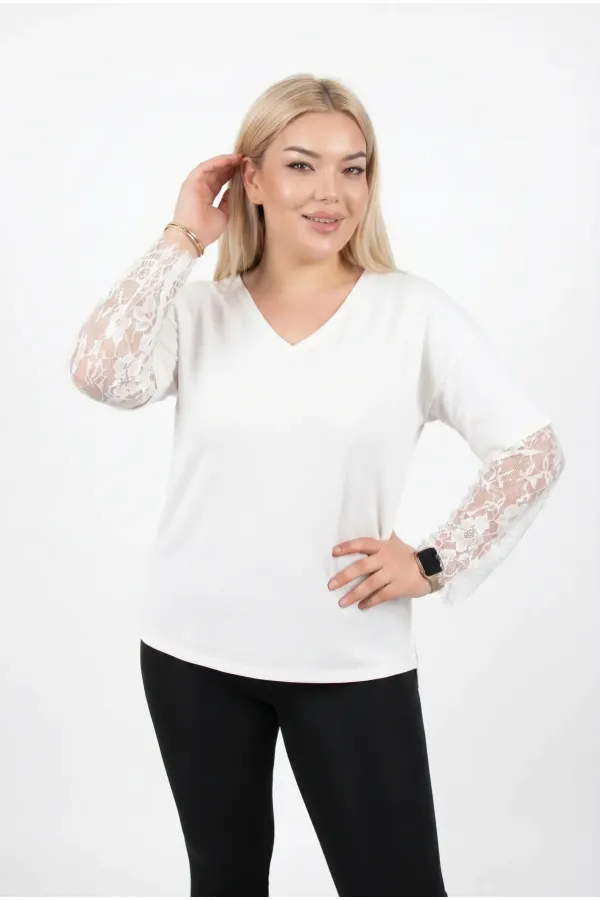 Women's White Plus Size V-Neck Lace Sleeve Blouse HZL26S-ZSS19661 Women's White Plus Size V-Neck Lace Sleeve Blouse HZL26S-ZSS19661