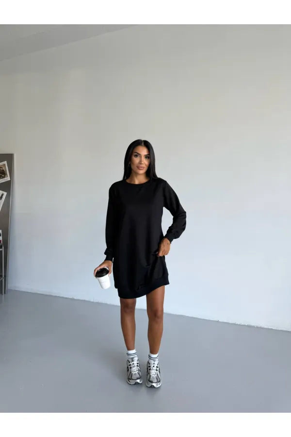 Robe décontractée noire à col ras du cou et 2 fils pour femme HZL25W-FRY123451