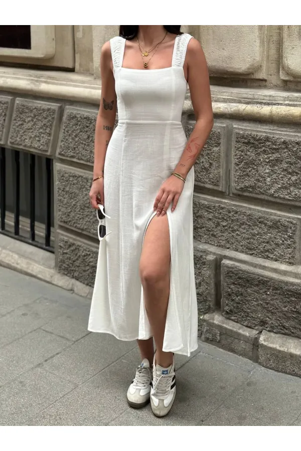 Kadın Beyaz Arkadan İp Bağlamalı Yırtmaç Detaylı Keten Elbise HZL25S-ZK11241