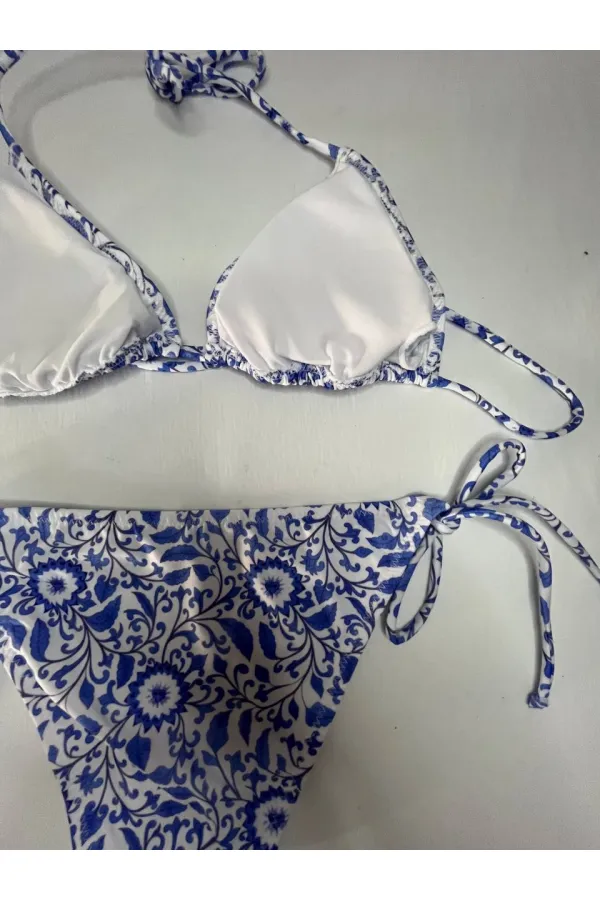Women's Tile Pattern Blue White Patterned Neckline Triangle Bikini Set HZL25S-LC5005