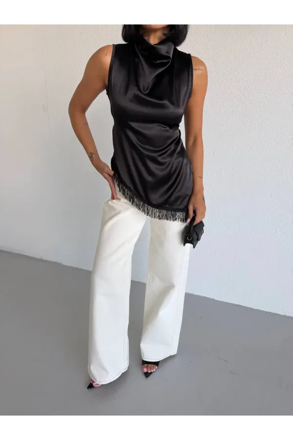 Women's Black Halter Neck Asymmetrical Cut Fringe Detail Satin Blouse HZL26S-FRY123911