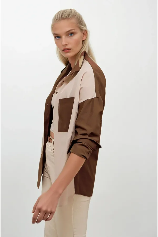 Kadın Kahverengi Krem Renk Bloklu  Poplin Basic Gömlek HZL22S-BD1201161
