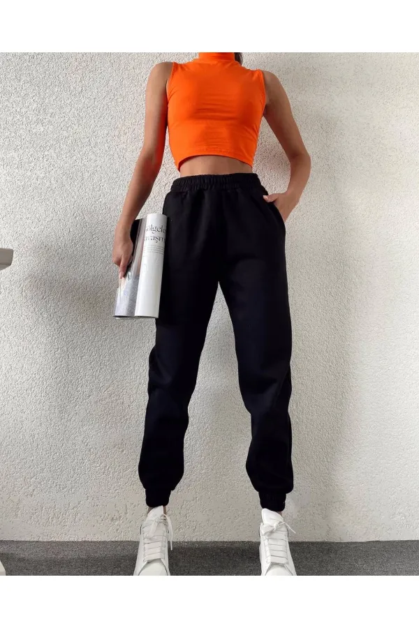 Pantalon de survêtement noir à poches et taille élastique 3 fils pour femme HZL24W-ZK12321