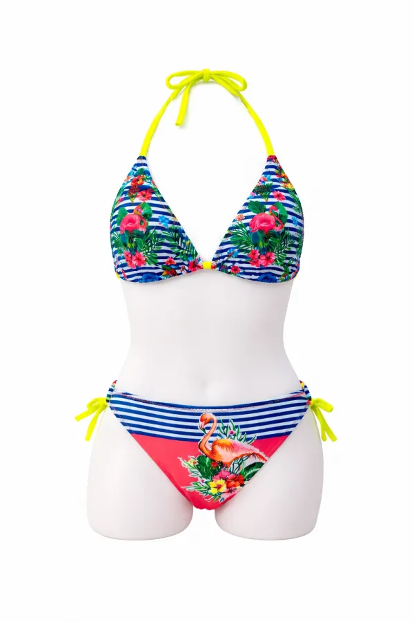 Kız Çocuk Mavi Pembe Flamingo Glow Desenli  6-14 Yaş Üçgen Bikini Takım HZL26S-LC9018
