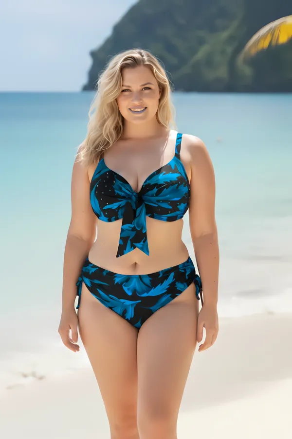 Ensemble bikini grande taille pour femme, orné de pierres noires et bleues HZL25S-LC3337