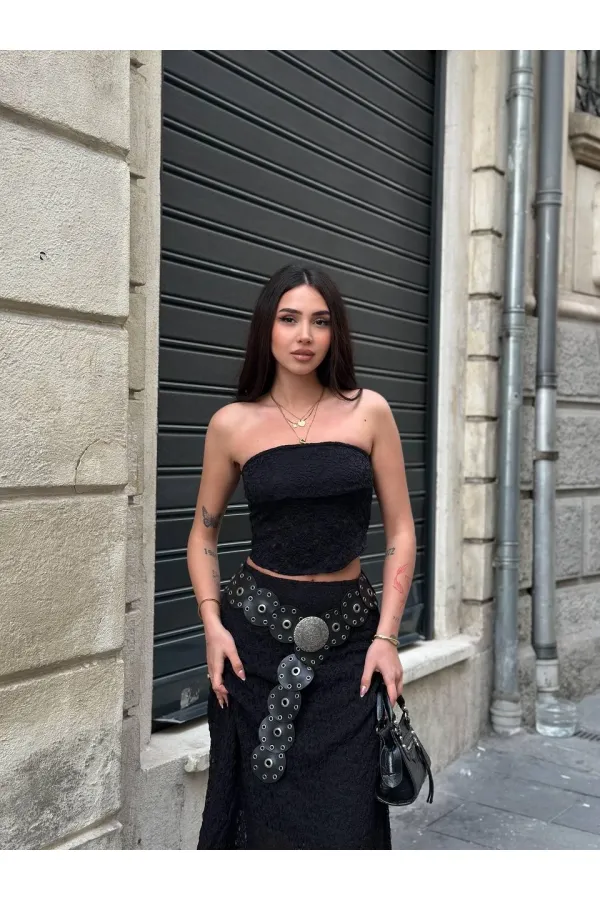 Kadın Siyah Astarlı Dantel Straplez Bluz HZL25S-ZK11251