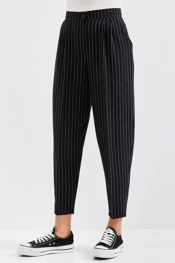 6637 High-Waisted Striped Fabric Trousers - Black