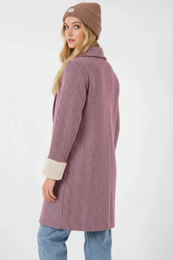 Manteau en cachemire à chevrons et manches fourrées pour femme 9145 - Bordeaux