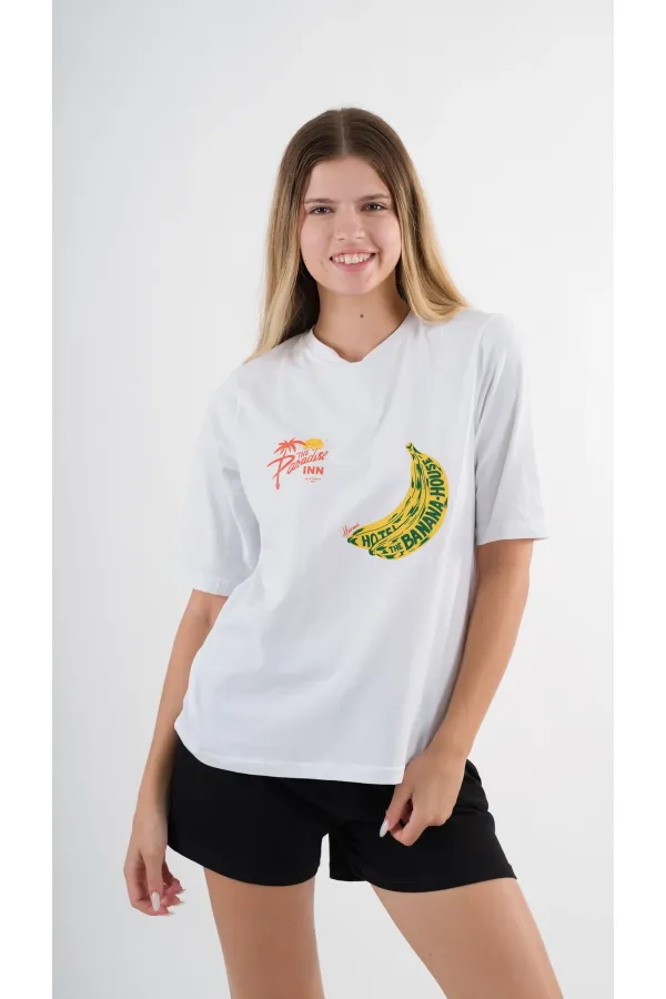 Women's White Yellow Banana House Printed Crew Neck T-Shirt HZL24S-YY302