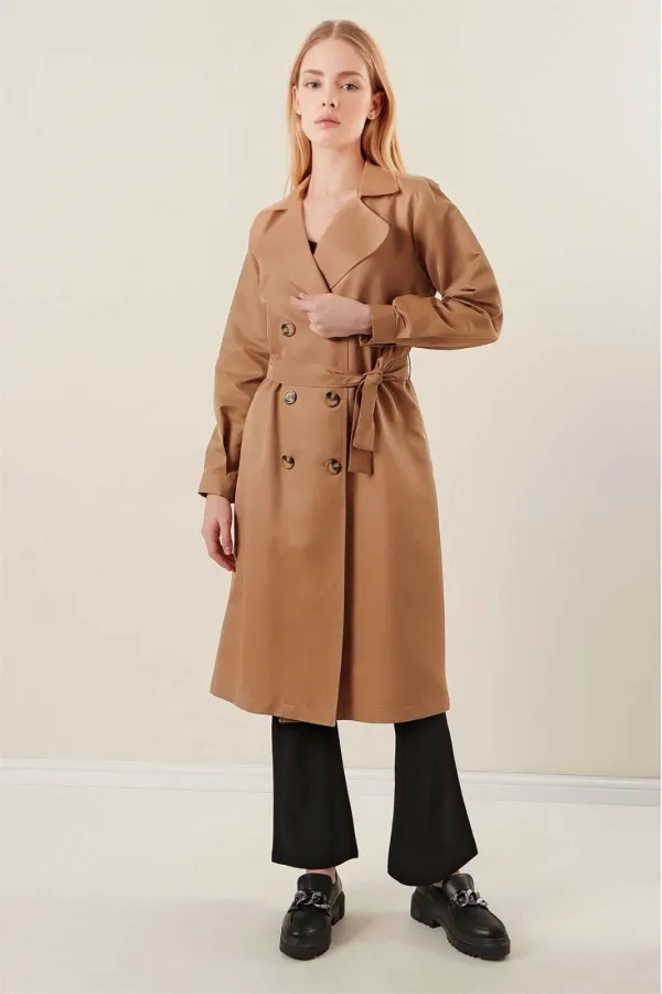 Women's Camel Double-Breasted Belted Unlined Seasonal Comfortable Trench Coat HZL22S-BD158531