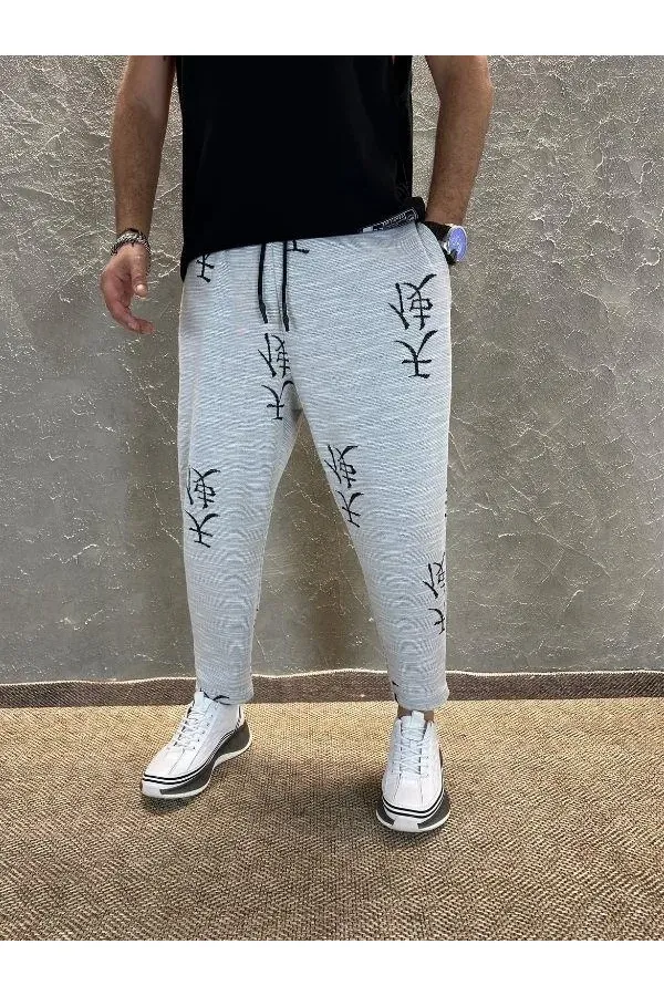 Pantalon de survêtement gris à motif japonais pour homme, coupe droite, taille nouée, HZL24S-MXC8948-193