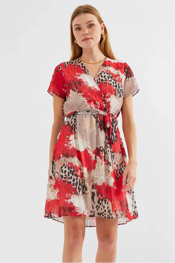 Robe courte en mousseline à motifs, manches courtes, rouge (réf. 2502)