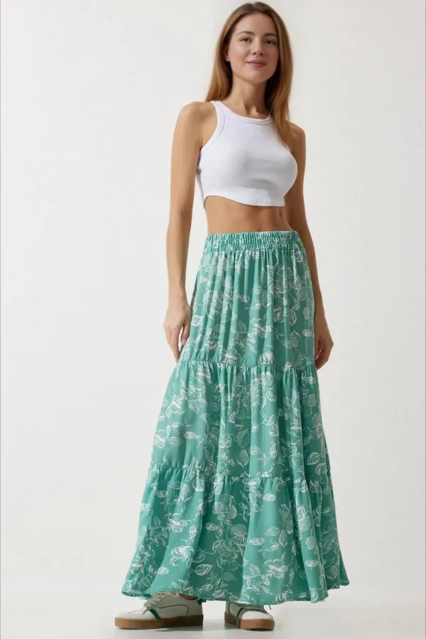 Kadın Yeşil Çiçek Desenli Beli Lastikli Volanlı Uzun Viskon Etek HZL24S-BD180071